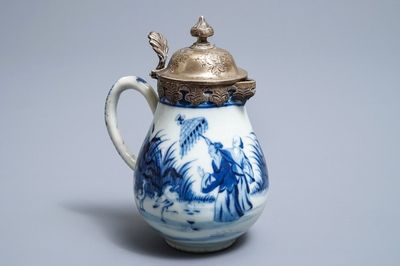 A Chinese blue and white silver-mounted jug after Cornelis Pronk: 'Dames au Parasol', Qianlong