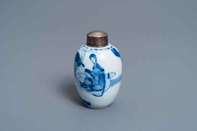 A Chinese blue and white silver-mounted tea caddy, Kangxi