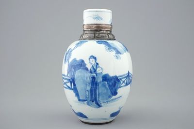 A Chinese blue and white silver-mounted tea caddy, Kangxi