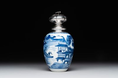 A Chinese blue and white silver mounted tea caddy with a river landscape, Kangxi