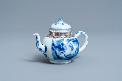 A Chinese blue and white silver-mounted teapot and cover, Kangxi