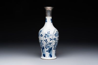 A Chinese blue and white silver-mounted vase with floral design, Kangxi