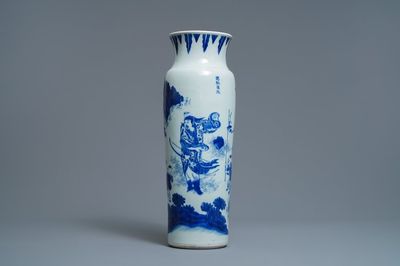 A Chinese blue and white sleeve vase depicting the legendary Zhang Xian, Transitional period