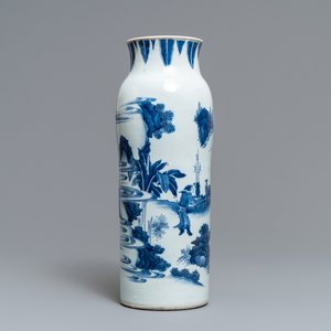 A Chinese blue and white sleeve vase with figural design all-round, Transitional period — 照片 2