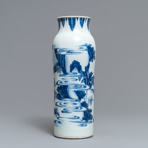 A Chinese blue and white sleeve vase with figural design all-round, Transitional period — 照片 3