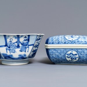 A Chinese blue and white square box and cover and a bowl, Chenghua mark, Kangxi — photo 5