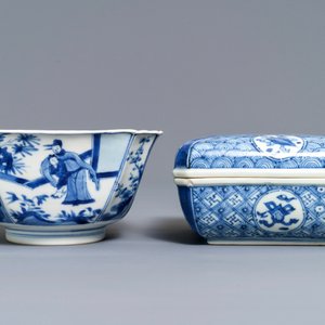 A Chinese blue and white square box and cover and a bowl, Chenghua mark, Kangxi — 照片 2