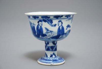A Chinese blue and white stem cup, Ming, Chongzhen