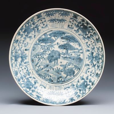 A Chinese blue and white Swatow 'Deer' dish, Ming