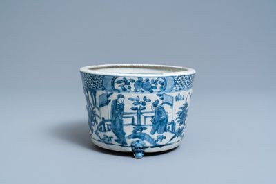 A Chinese blue and white Swatow tripod censer, Ming