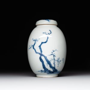 A Chinese blue and white tea caddy and cover with a lady and playing boys, Kangxi — 照片 5