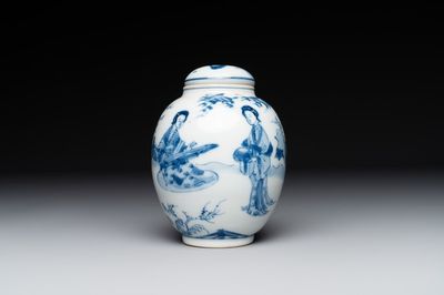 A Chinese blue and white tea caddy and cover with ladies playing music, Kangxi