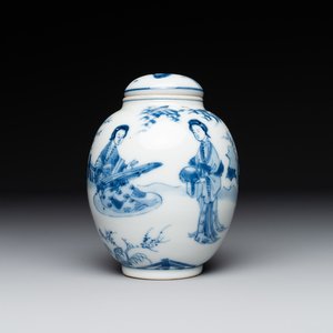 A Chinese blue and white tea caddy and cover with ladies playing music, Kangxi — foto 1