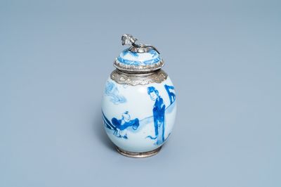 A Chinese blue and white tea caddy with Dutch silver mounts, Kangxi
