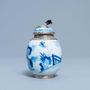 A Chinese blue and white tea caddy with Dutch silver mounts, Kangxi — 照片 4