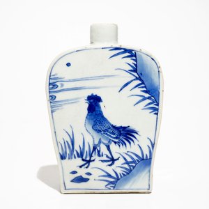 A Chinese blue and white tea caddy with roosters, Transitional period — photo 2