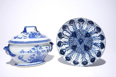A Chinese blue and white tureen and cover, Qianlong and an "Aster pattern" dish, Kangxi