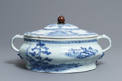 A Chinese blue and white tureen and cover with landscape design, Qianlong