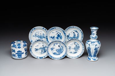 A Chinese blue and white vase, a covered bowl and six saucers, Chenghua and artemisia leaf mark, Kangxi