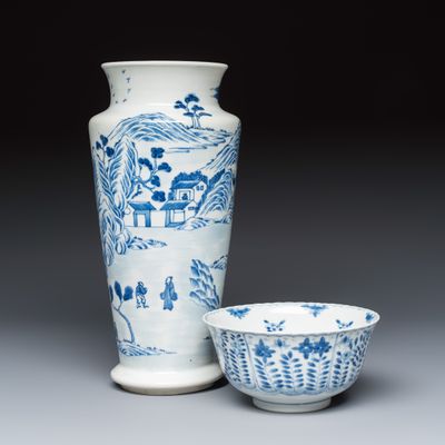 A Chinese blue and white vase and a bowl, Kangxi marks, 19th C.