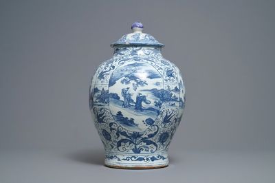 A Chinese blue and white vase and cover with figural design, Wanli