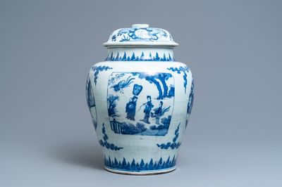 A Chinese blue and white vase and cover with figurative panels, Transitional period