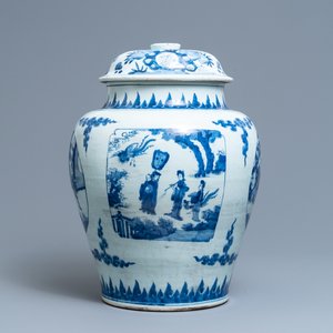 A Chinese blue and white vase and cover with figurative panels, Transitional period — photo 1