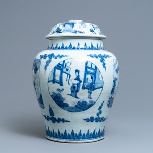 A Chinese blue and white vase and cover with figurative panels, Transitional period — photo 2