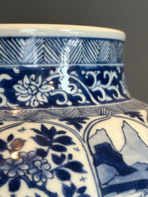 A Chinese blue and white vase and cover with landscapes and flowers, Kangxi — photo 13