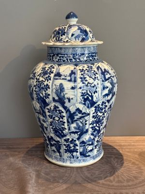 A Chinese blue and white vase and cover with landscapes and flowers, Kangxi — photo 2