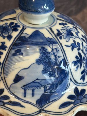 A Chinese blue and white vase and cover with landscapes and flowers, Kangxi — photo 9
