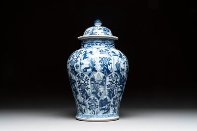 A Chinese blue and white vase and cover with landscapes and flowers, Kangxi