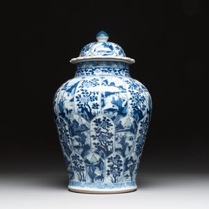 A Chinese blue and white vase and cover with landscapes and flowers, Kangxi — photo 2