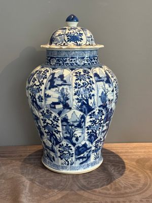 A Chinese blue and white vase and cover with landscapes and flowers, Kangxi — photo 4