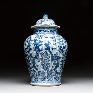 A Chinese blue and white vase and cover with landscapes and flowers, Kangxi — photo 4