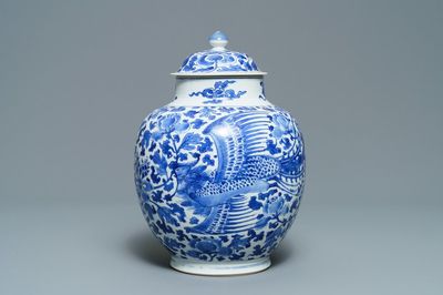 A Chinese blue and white vase and cover with phoenixes, Kangxi