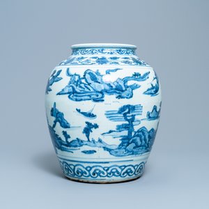 A Chinese blue and white vase with boats in a mountainous landscape, Ming — 照片 4