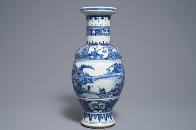 A Chinese blue and white vase with figures in a landscape, 19th C.