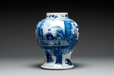 A Chinese blue and white vase with narrative design, 19th C.