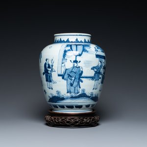 A Chinese blue and white vase with narrative design on wooden stand, Transitional period — photo 1