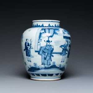 A Chinese blue and white vase with narrative design on wooden stand, Transitional period — photo 2