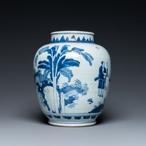 A Chinese blue and white vase with narrative design on wooden stand, Transitional period — photo 3