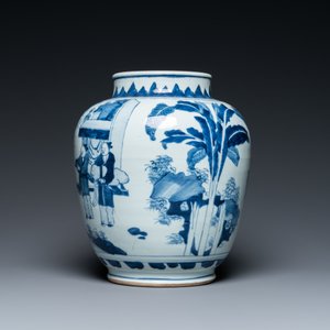 A Chinese blue and white vase with narrative design on wooden stand, Transitional period — photo 5