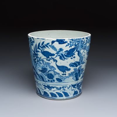 A Chinese blue and white vessel with geese in a landscape, Wanli