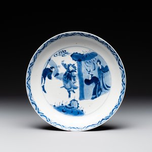 A Chinese blue and white 'warrior' plate, Chenghua merk, Kangxi — photo 1