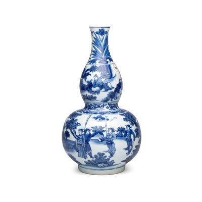 A Chinese blue and white 'Wen Wang Fang Xian 文王訪賢' double-gourd vase, Transitional period