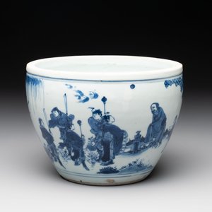 A Chinese blue and white 'Wen Wang Fang Xian 文王訪賢' scroll pot, Transitional period — foto 1