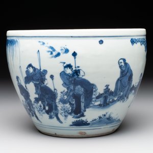 A Chinese blue and white 'Wen Wang Fang Xian 文王訪賢' scroll pot, Transitional period — foto 2