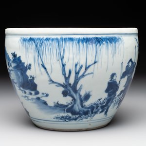 A Chinese blue and white 'Wen Wang Fang Xian 文王訪賢' scroll pot, Transitional period — foto 3
