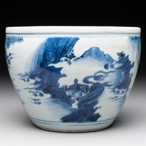 A Chinese blue and white 'Wen Wang Fang Xian 文王訪賢' scroll pot, Transitional period — foto 4